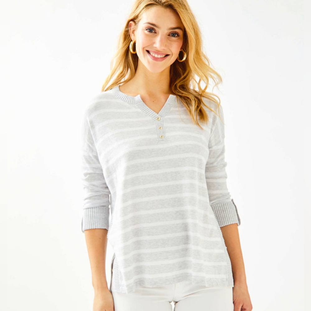 Lilly Pulitzer Faraway Sweater XXS Heathered Seaside Gray Striped 3/4 Sleeve